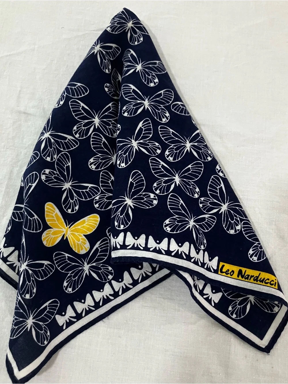 1970's Navy Butterfly Print Scarf with Yellow Accents